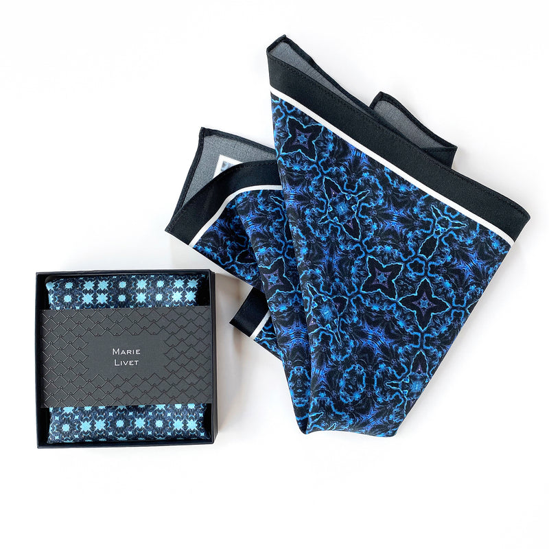 Set of 2 Coordinating Dark Blue and Black Geometric Floral Silk Satin Pocket Square