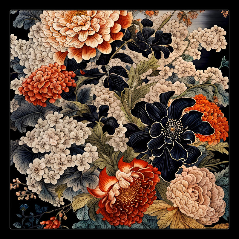 Pre-Order | Ignited Orange Dark Blue Floral Silk Twill Scarf - Marie Livet