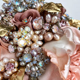 Reverie Cottage Roses Couture Gold Leaf Pink and Blue Pearl Crystal Bridal Bouquet - Marie Livet