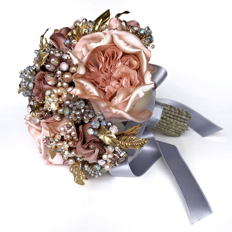 Reverie Cottage Roses Couture Gold Leaf Pink and Blue Pearl Crystal Bridal Bouquet - Marie Livet
