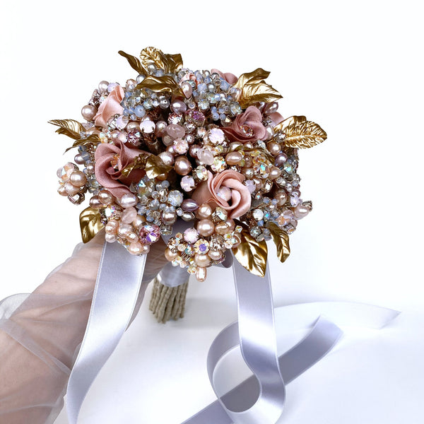 Reverie Couture Gold Leaf Pink and Blue Pearl Crystal Bridal Bouquet - Marie Livet