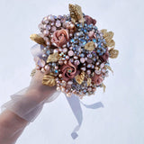 Reverie Couture Gold Leaf Pink and Blue Pearl Crystal Bridal Bouquet - Marie Livet
