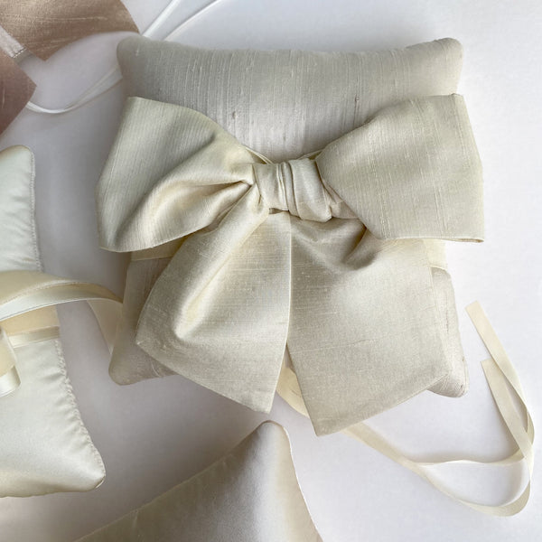 Sara Champagne Silk Ring Pillow With a Cream Dupioni Bow - Marie Livet