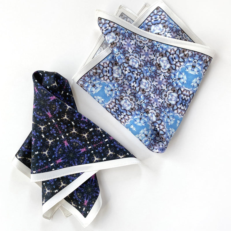 Set of 2 Blue and Purple Morphed Floral Silk Satin Pocket Squares - Marie Livet