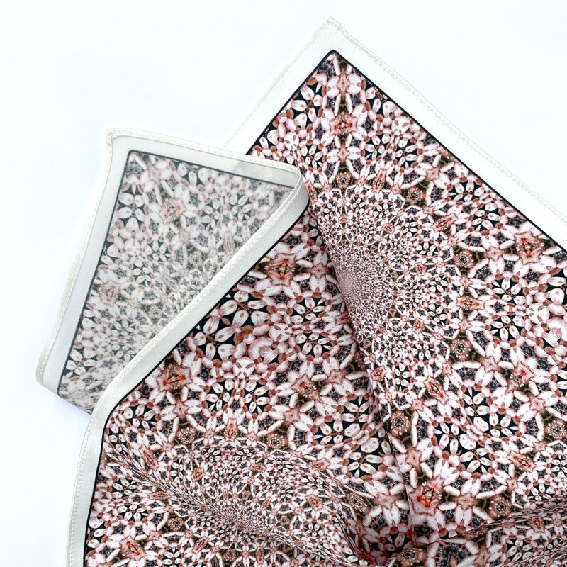 Set of 2 Coordinating Pink and Tan Floral Silk Satin Pocket Squares - Marie Livet
