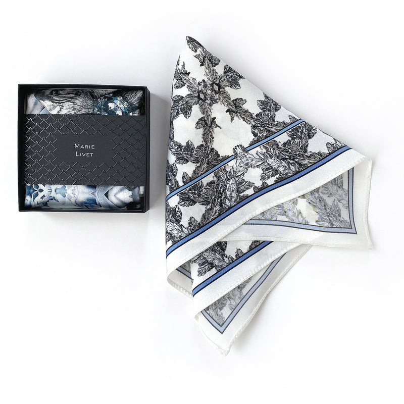 Set of 2 Light Blue and White Floral Silk Satin Pocket Square - Marie Livet
