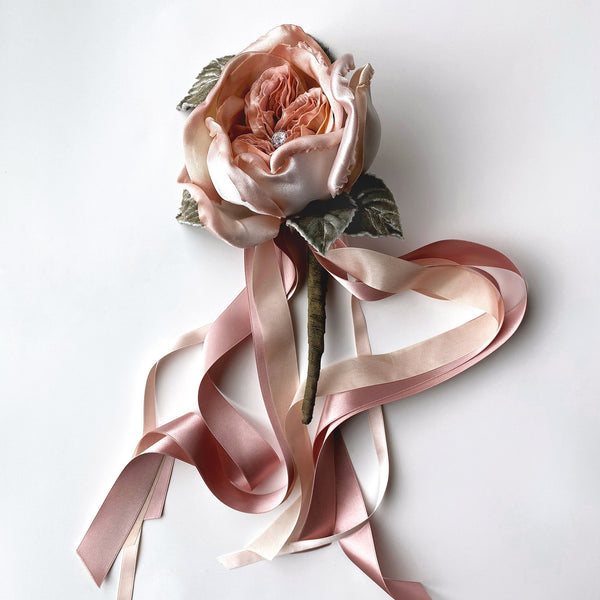 Single Silk Satin Blush Peach Rose Flower Mini Bouquet - Marie Livet