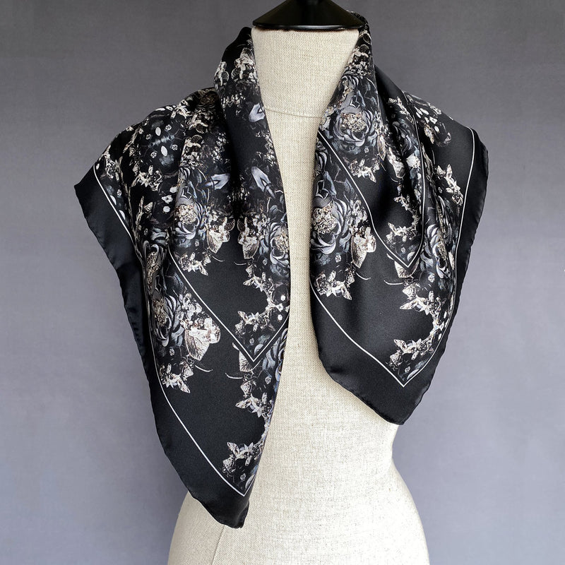 Small Beacon Silk Scarf in Black and Slate Grey Floral - Marie Livet