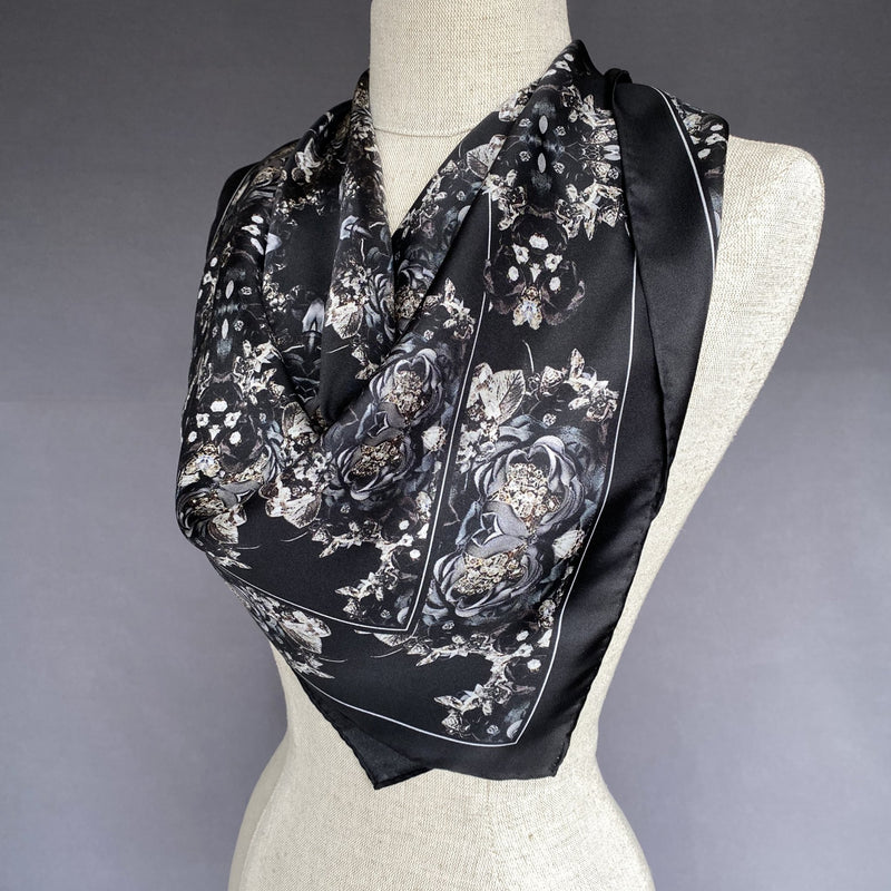 Small Beacon Silk Scarf in Black and Slate Grey Floral - Marie Livet