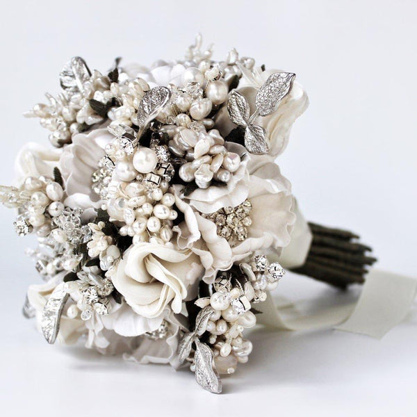 Small Bridal White and Ivory Flower Sterling Silver Leaf Bouquet - Marie Livet