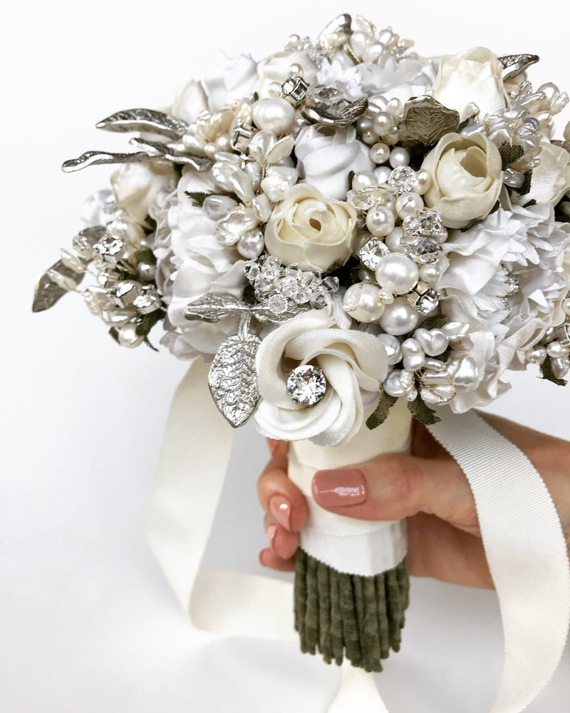 Sophia Rhodium Plated White and Ivory Flower Bridal Bouquet - Marie Livet