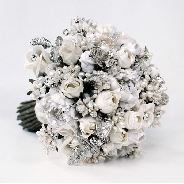 Sophia Rhodium Plated White and Ivory Flower Bridal Bouquet - Marie Livet