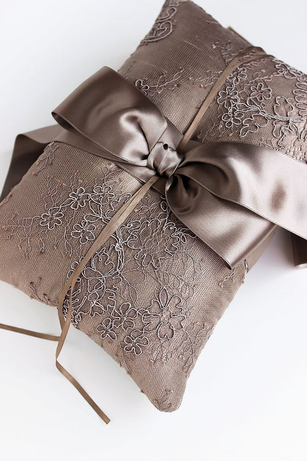 Taupe Brown French Lace Silk Ring Bearer Pillow - Marie Livet