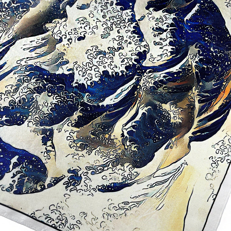 The Wave Rose - Hokusai Inspired Blue Silk Twill Neck Scarf Bandana - Marie Livet