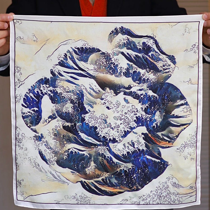 The Wave Rose - Hokusai Inspired Blue Silk Twill Scarf/Pocket Square - Marie Livet