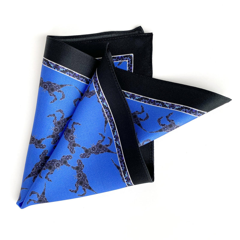 Whimsy Series - Tyrannosaurus Rex Blue Black Silk Pocket Square T-Rex Gift For Men Handkerchief - Marie Livet
