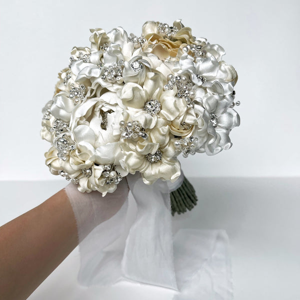 White Ivory Silk Flower Crystal and Pearl Bridal Bouquet - Marie Livet