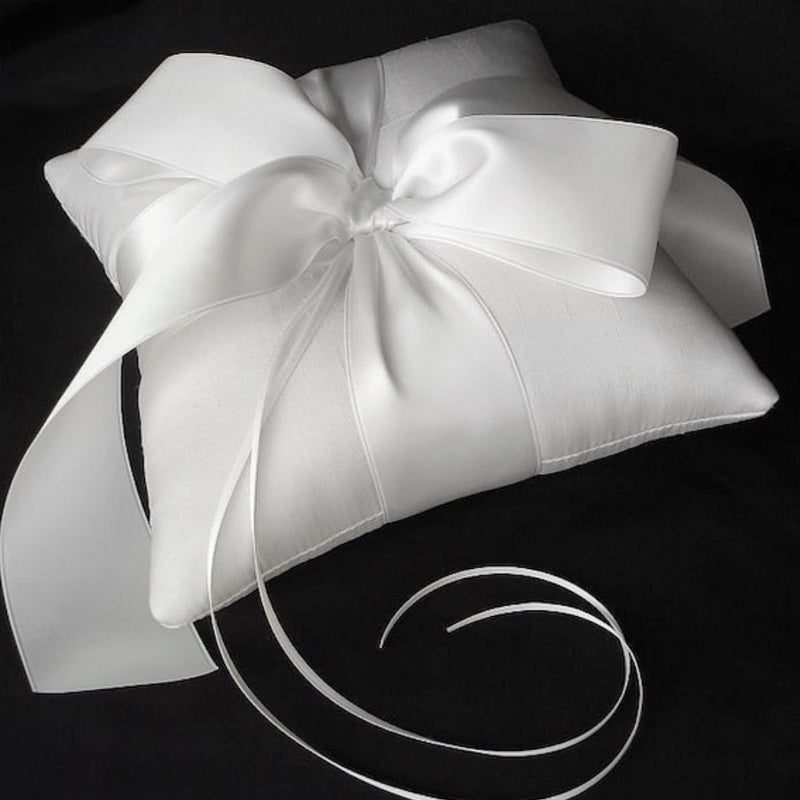White Silk Dupioni Luxe Bow Ring Bearer Pillow - Marie Livet
