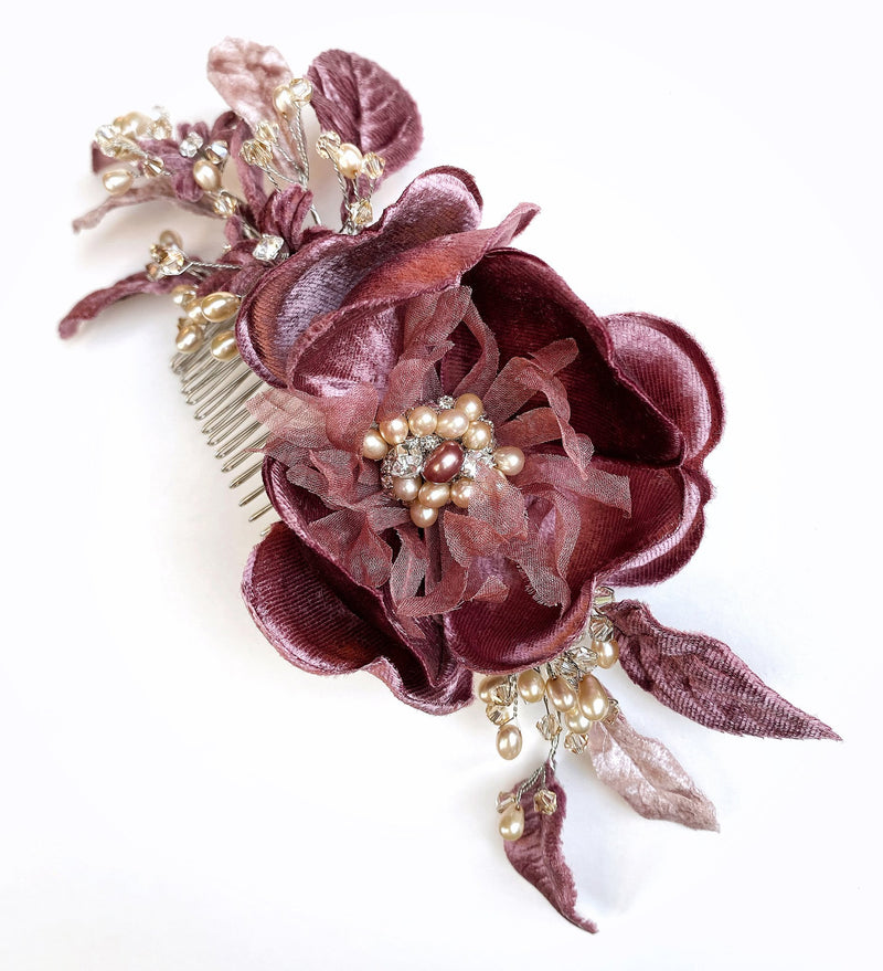 Wild Heart Rose Silk Velvet Champagne Pearl and Swarovski Crystal Floral Comb